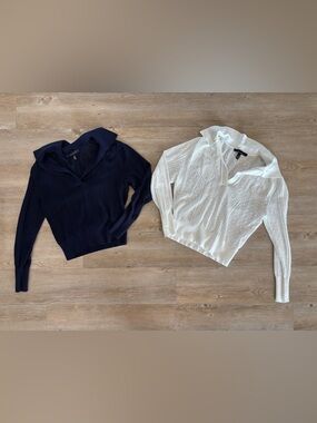 2 White House Black Market Open-Knit V-Neck Polo Sweater in Navy and White